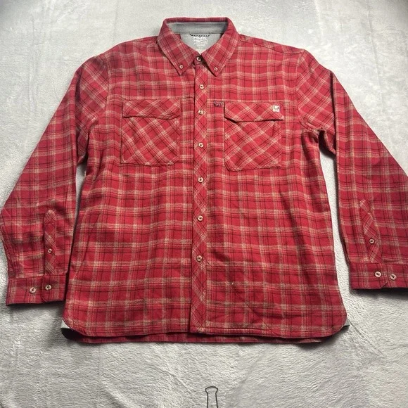 Huk Shirt Mens L Flannel Red Plaid Fishing Outdoor Hiking Utility Roll Tab EUC - Picture 3 of 7